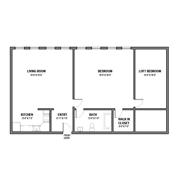 Floor plan for 1 bed, 1 bath, 1250 sqft